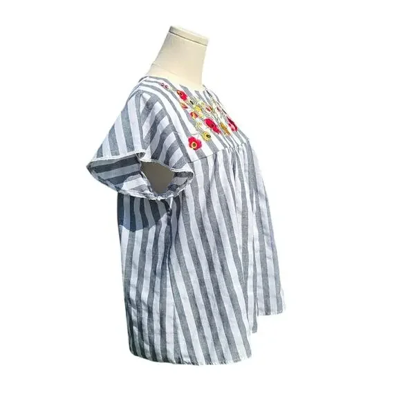 Emery Rose Flutter Sleeve Blue White Striped Embroidered Floral Blouse Womens L - Picture 2 of 12